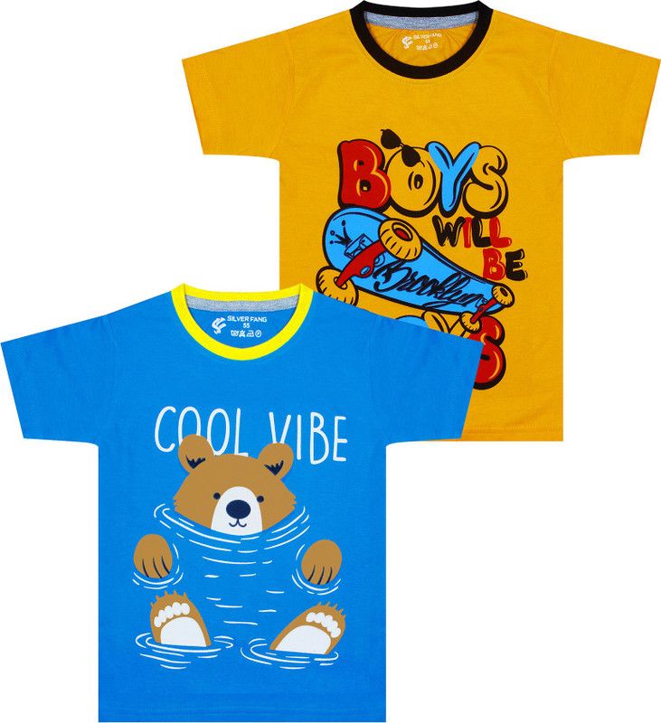 Boys Graphic Print Cotton Blend T Shirt  (Blue, Pack of 2)