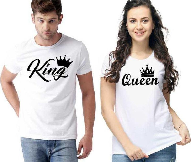 Pack of 2 Couple Printed Round Neck Cotton Blend White, Black T-Shirt