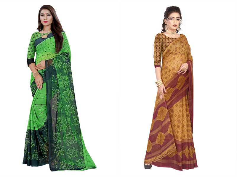 Daily Wear Georgette Saree  (Pack of 2, Green, Brown)