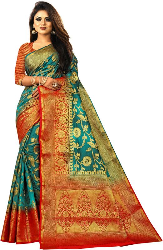 Self Design, Woven, Dyed Kanjivaram Pure Silk, Jacquard Saree  (Green, Orange)