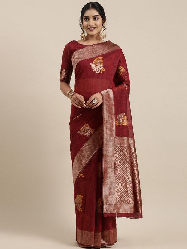 Woven Banarasi Linen Saree  (Maroon)