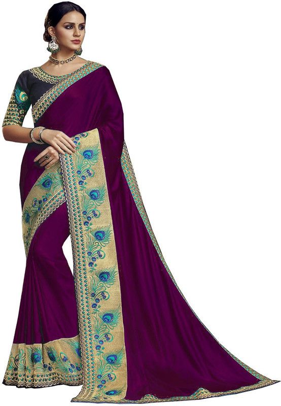 Embroidered, Solid/Plain Bollywood Silk Blend Saree  (Purple)