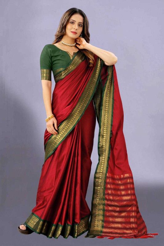 Printed, Woven, Floral Print Banarasi Jacquard, Pure Silk Saree  (Red, Blue)