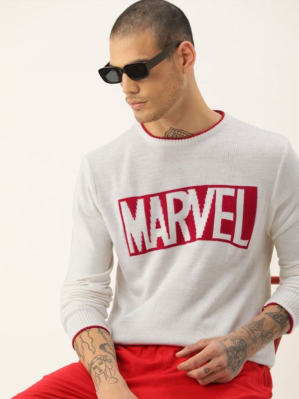 Men Printed Round Neck White Sweater