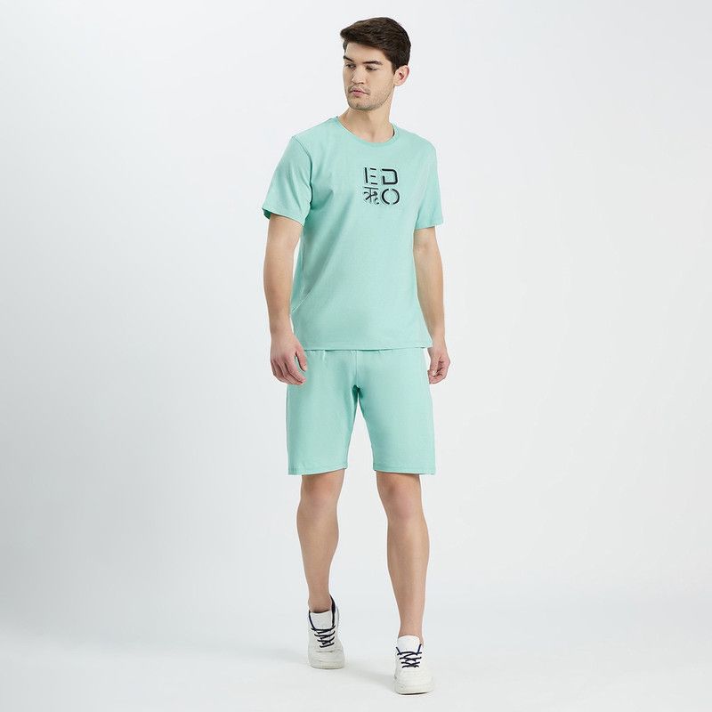 Men Top & Shorts Set Green Graphic Print