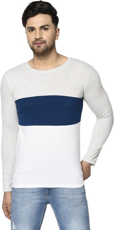 FREQUE ECRU BLUE WHITE ROUND NECK T-SHIRT Men Colorblock Round Neck Cotton Blend Grey, Blue, White T-Shirt