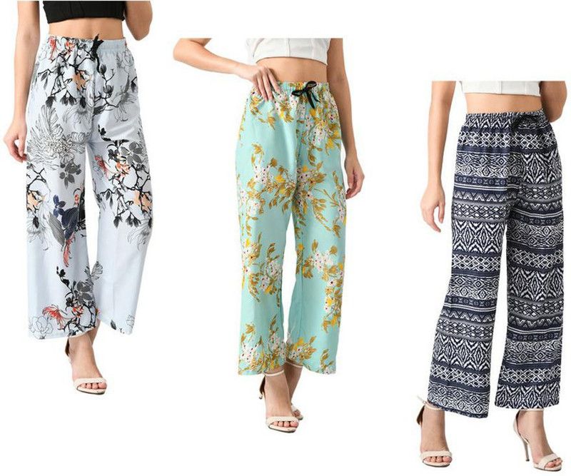 Pack of 3 Women Regular Fit White, Green, Light Blue Crepe Trousers