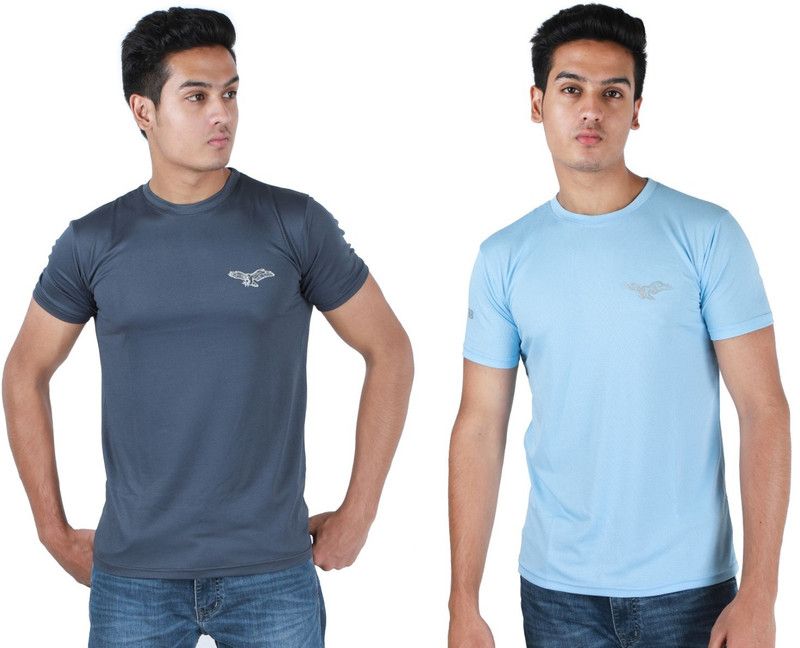 Pack of 2 Men Self Design, Printed Crew Neck Cotton Blend Dark Blue, Light Blue T-Shirt