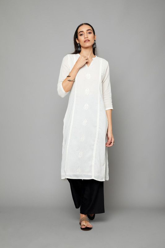 Women Striped, Solid Pure Cotton Straight Kurta  (White)