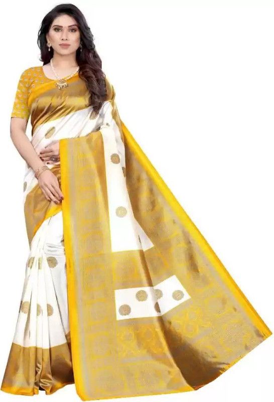 Printed Fashion Art Silk Saree  (White)