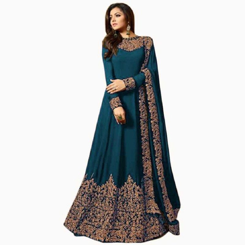 Embroidered Georgette Semi Stitched Anarkali Gown  (Dark Green, Gold)