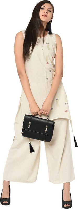 Women Self Design, Printed Cotton Blend High Low Kurta  (Beige)