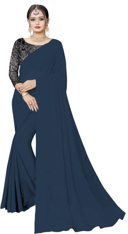 Solid/Plain Bollywood Georgette Saree  (Pack of 2, Dark Blue)