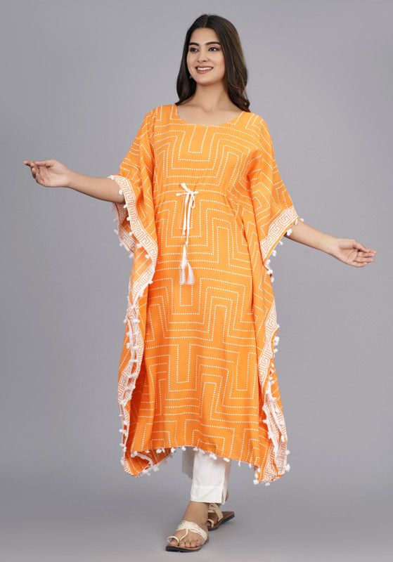 Women Solid Viscose Rayon Kaftan Kurta  (Orange)