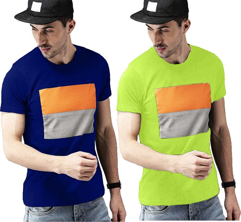 Pack of 2 Men Colorblock Round Neck Cotton Blend Blue, Grey T-Shirt
