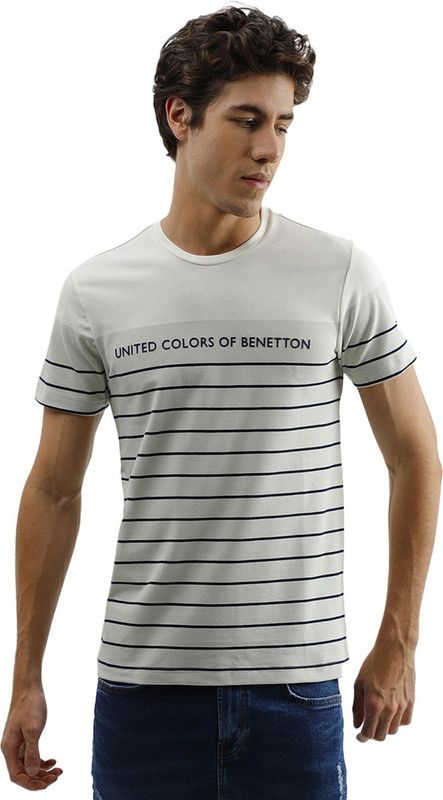 Men Striped Round Neck Pure Cotton Beige T-Shirt