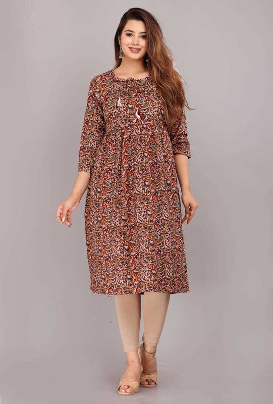 Women Floral Print Pure Cotton A-line Kurta  (Brown, Maroon)