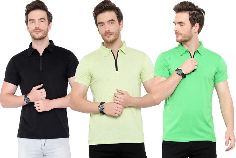 Pack of 3 Men Solid Polo Neck Cotton Blend Green, Black, Light Green T-Shirt