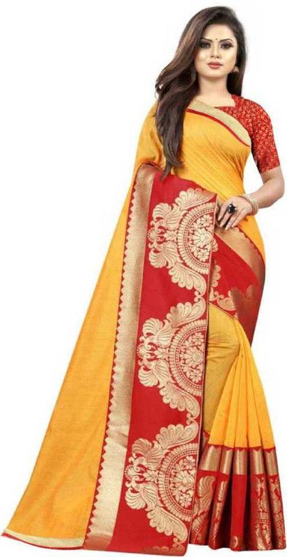 Self Design Chanderi Cotton Blend Saree  (Gold)
