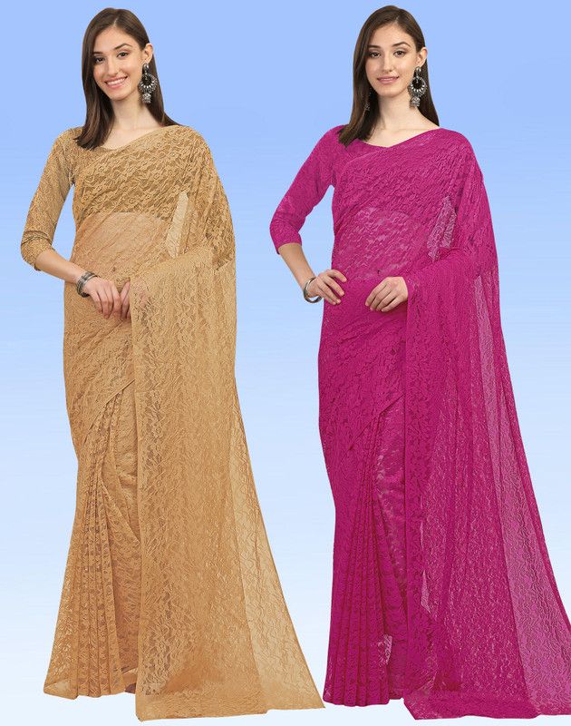 Embellished Bollywood Net, Brasso Saree  (Pack of 2, Beige, Magenta)