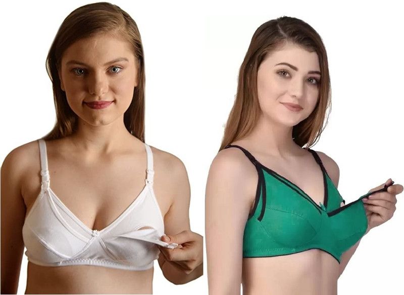 Women Maternity/Nursing Non Padded Bra  (White, Green)