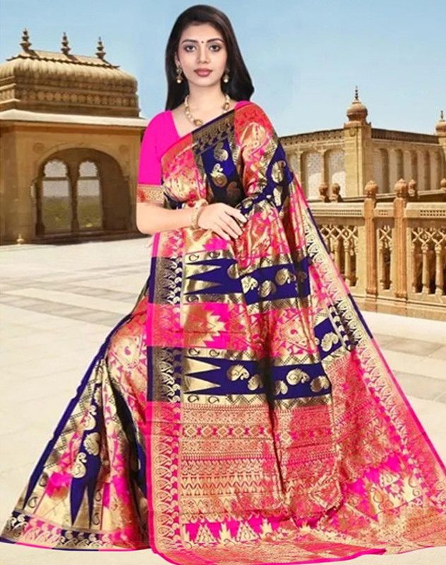 Embellished, Woven Kanjivaram Pure Silk Saree  (Dark Blue, Pink)