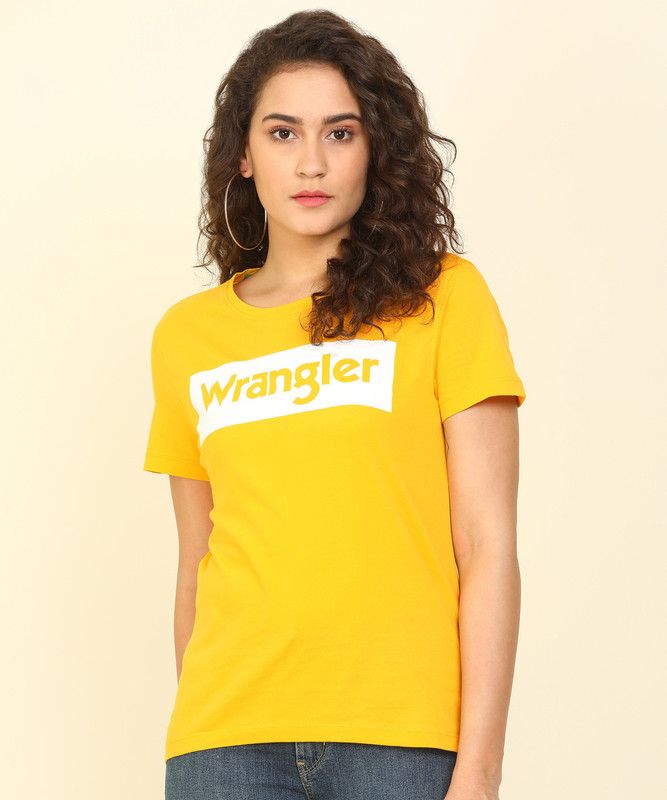 NATALIE** Women Printed Round Neck Pure Cotton Yellow T-Shirt