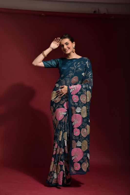 Embellished Bollywood Georgette Saree  (Multicolor)