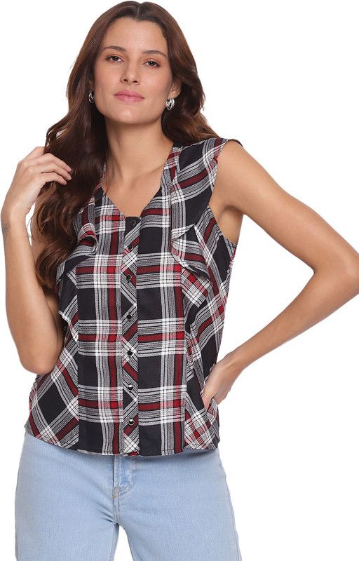 Casual Sleeveless Checkered Women Black Top