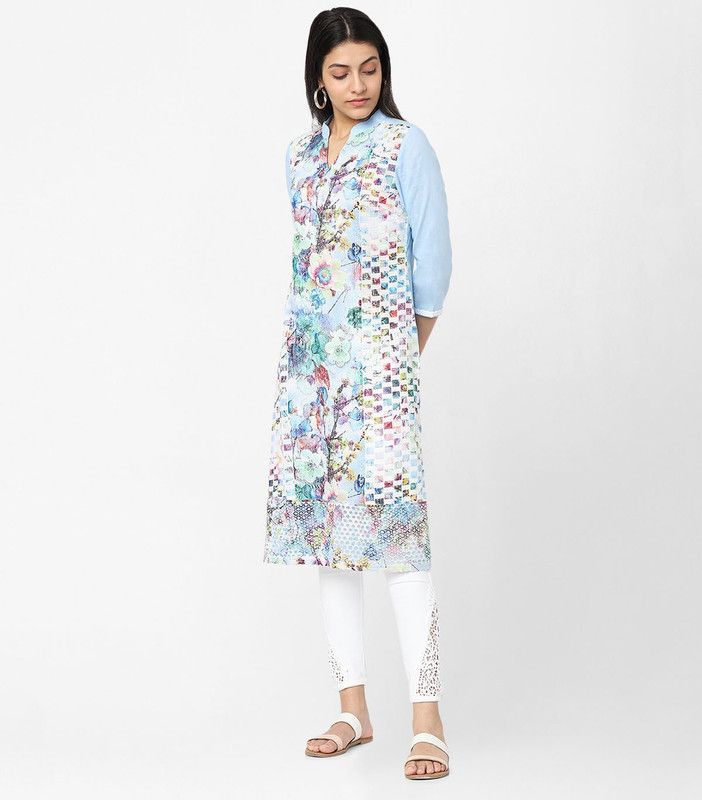 Women Floral Print Pure Cotton A-line Kurta  (Light Blue)