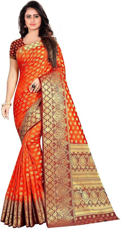 Self Design Banarasi Nylon Saree  (Orange)