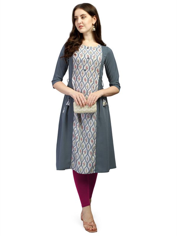 Women Printed Crepe A-line Kurta  (Grey)