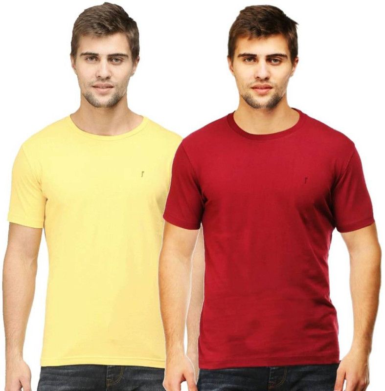 Pack of 2 Men Solid Round Neck Pure Cotton Red, Yellow T-Shirt
