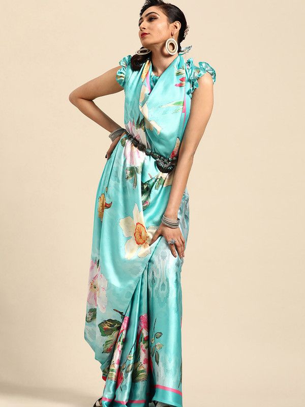 Floral Print Bollywood Satin Saree  (Light Blue)