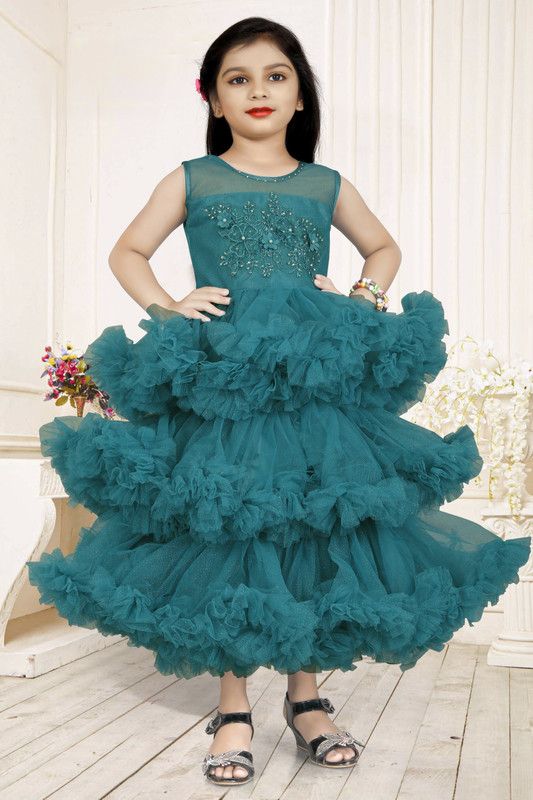 Girls Maxi/Full Length Festive/Wedding Dress  (Green, Sleeveless)