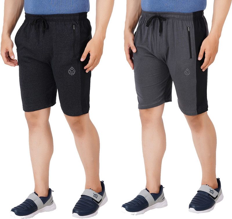 Pack of 2 Color Block Men Grey, Black Sports Shorts, Casual Shorts