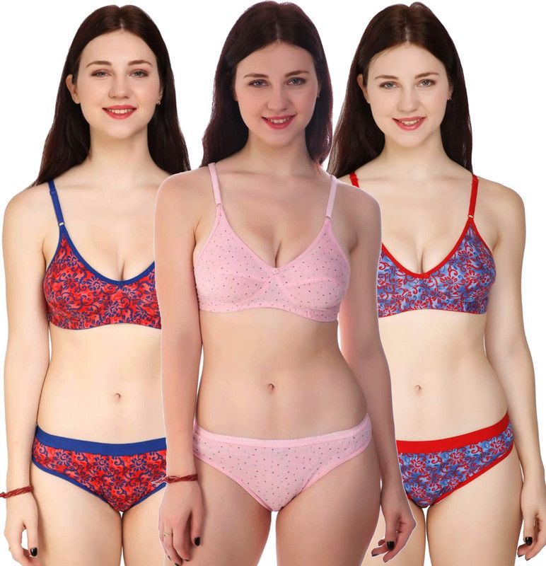 Bra & Panty Set Printed Red, Blue, Pink Lingerie Set