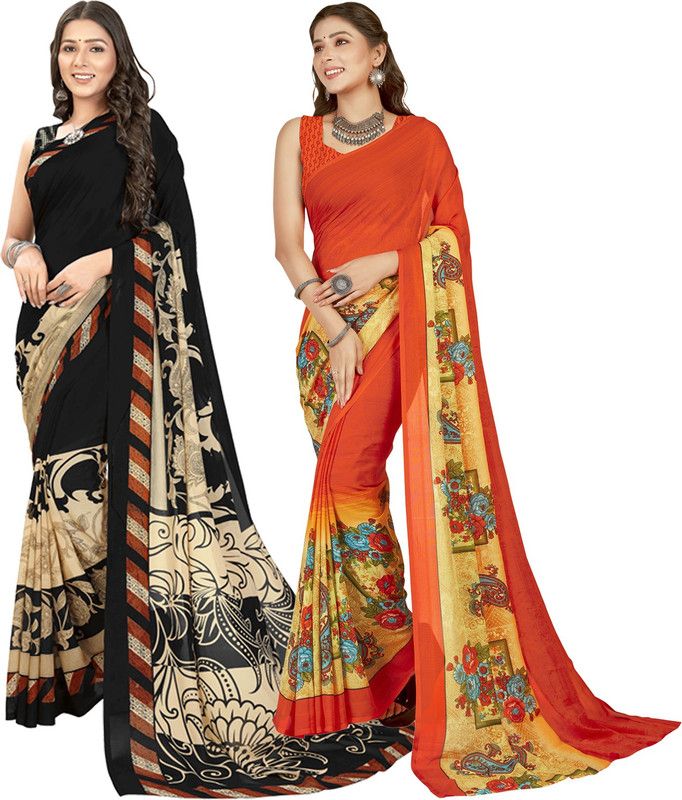 Printed Daily Wear Georgette Saree  (Pack of 2, Black, Orange)