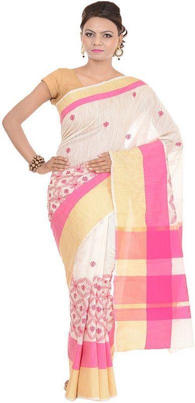 Embroidered Banarasi Handloom Cotton Linen Saree  (White)