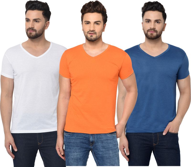 Pack of 3 V neck Combo T-shirts Multicolor Men Solid V Neck Cotton Blend White, Blue, Orange T-Shirt