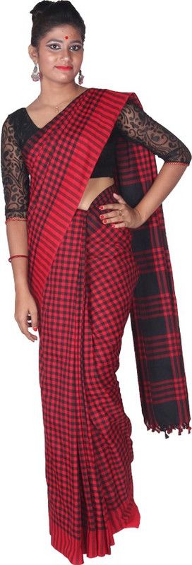 Checkered Daily Wear Handloom Cotton Blend Saree  (Red)
