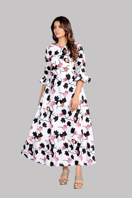 Crepe Stitched Anarkali Gown  (White)
