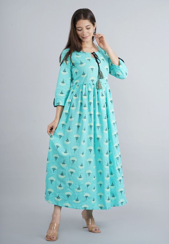 Women Printed Cotton Blend Anarkali Kurta  (Light Blue)