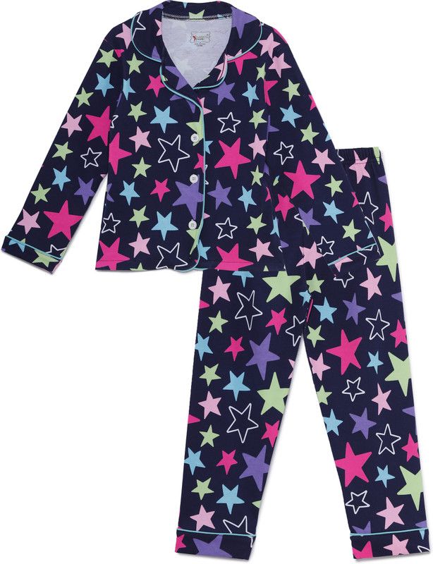 Girls Printed Pure Cotton Kids Nightwear  (Blue Pack of 1)