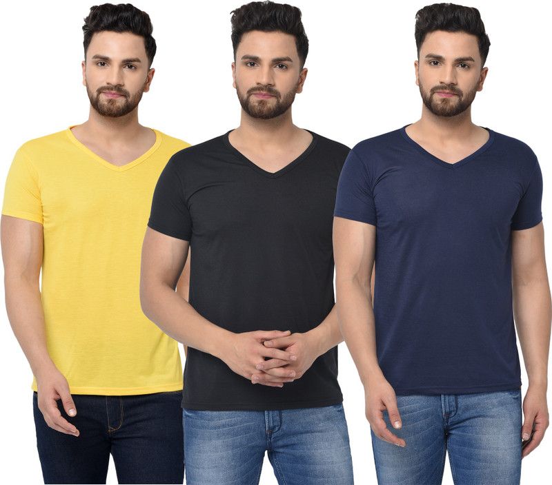 Pack of 3 V neck Combo T-shirts Multicolor Men Solid V Neck Cotton Blend Blue, Black, Yellow T-Shirt