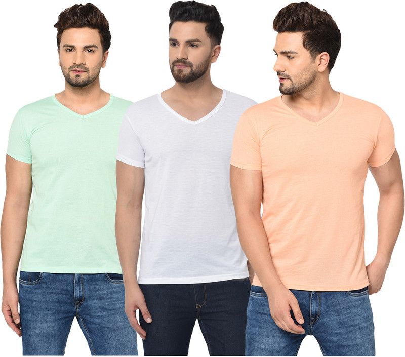 Pack of 3 Men Solid V Neck Cotton Blend Light Blue, White, Beige T-Shirt