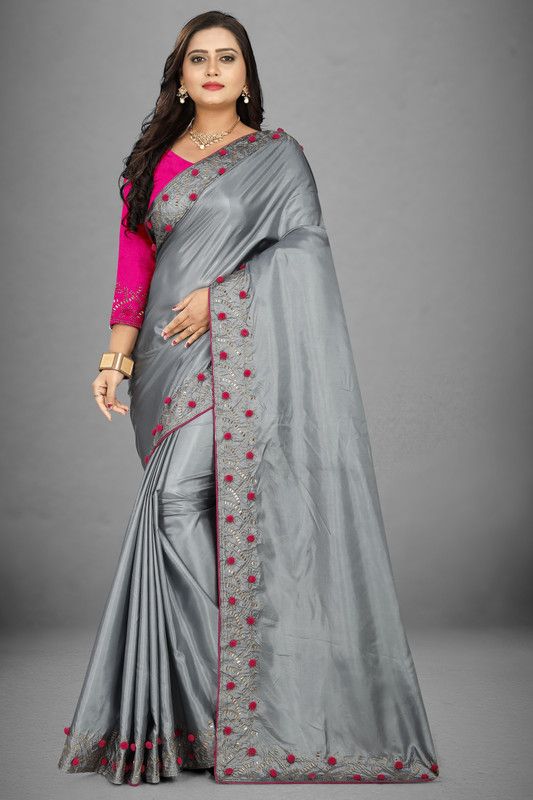 Solid/Plain Bollywood Silk Blend Saree  (Grey)