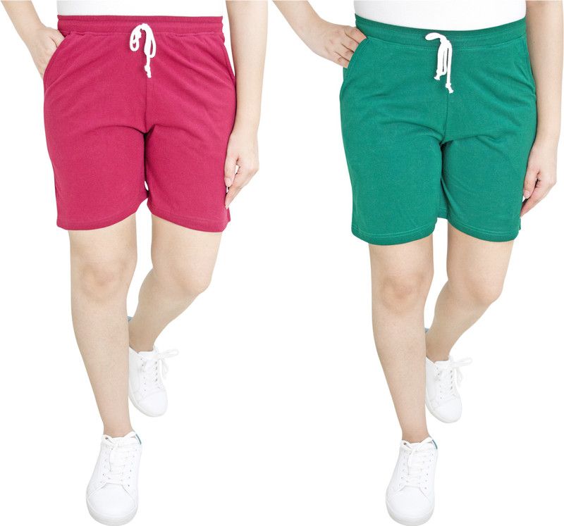Pack of 2 Solid Women Maroon, Green Sports Shorts