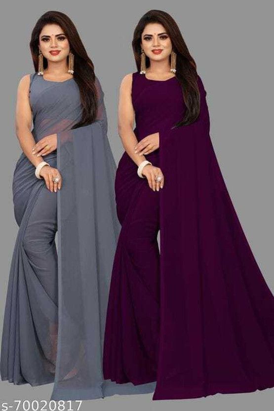 Solid/Plain Bollywood Georgette Saree  (Pack of 2, Purple, Grey)