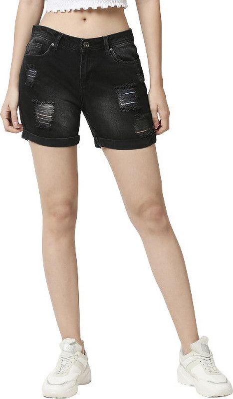 Solid Women Black Denim Shorts